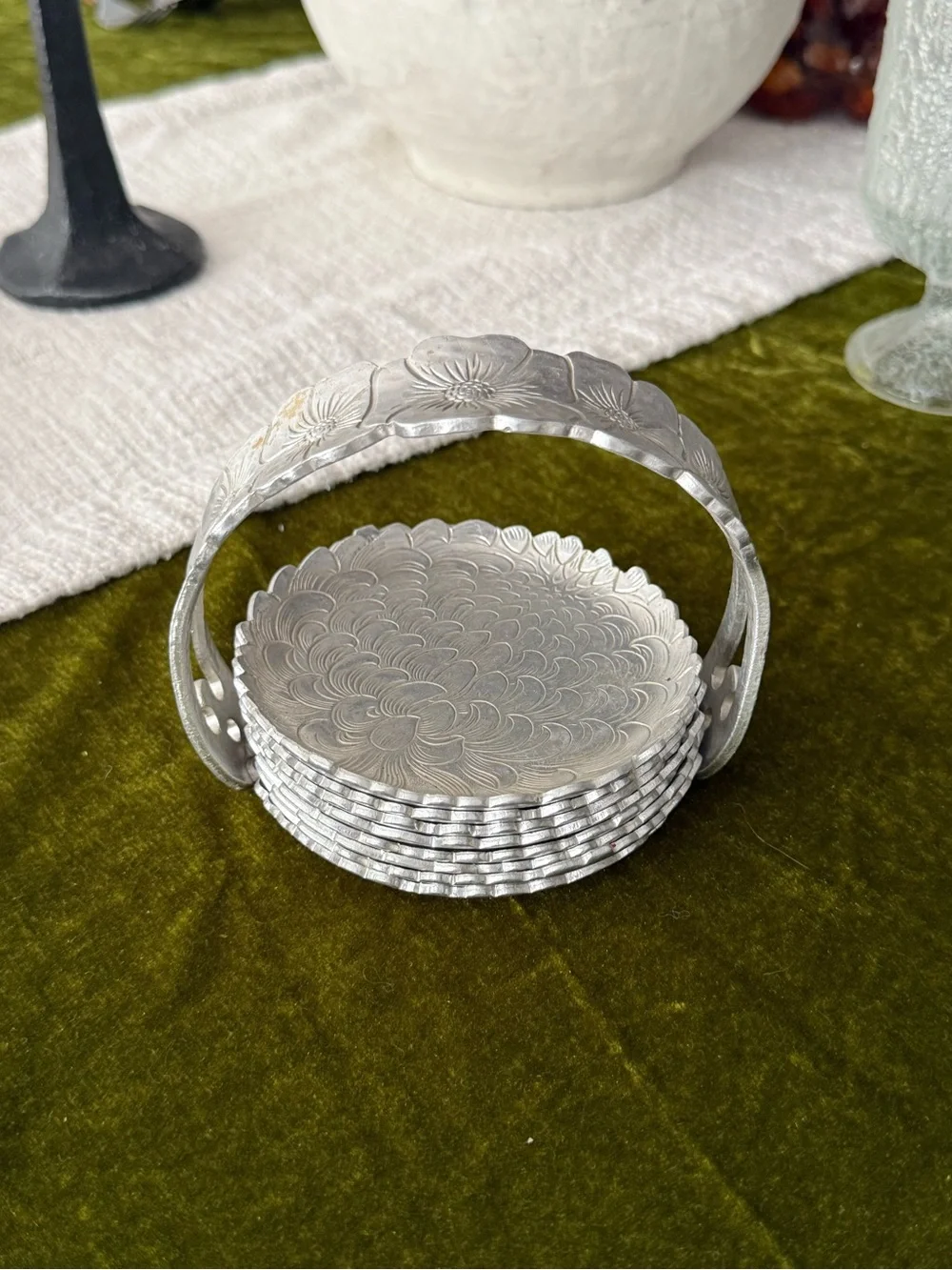 Vintage set of 7 continental silver company coasters and caddy